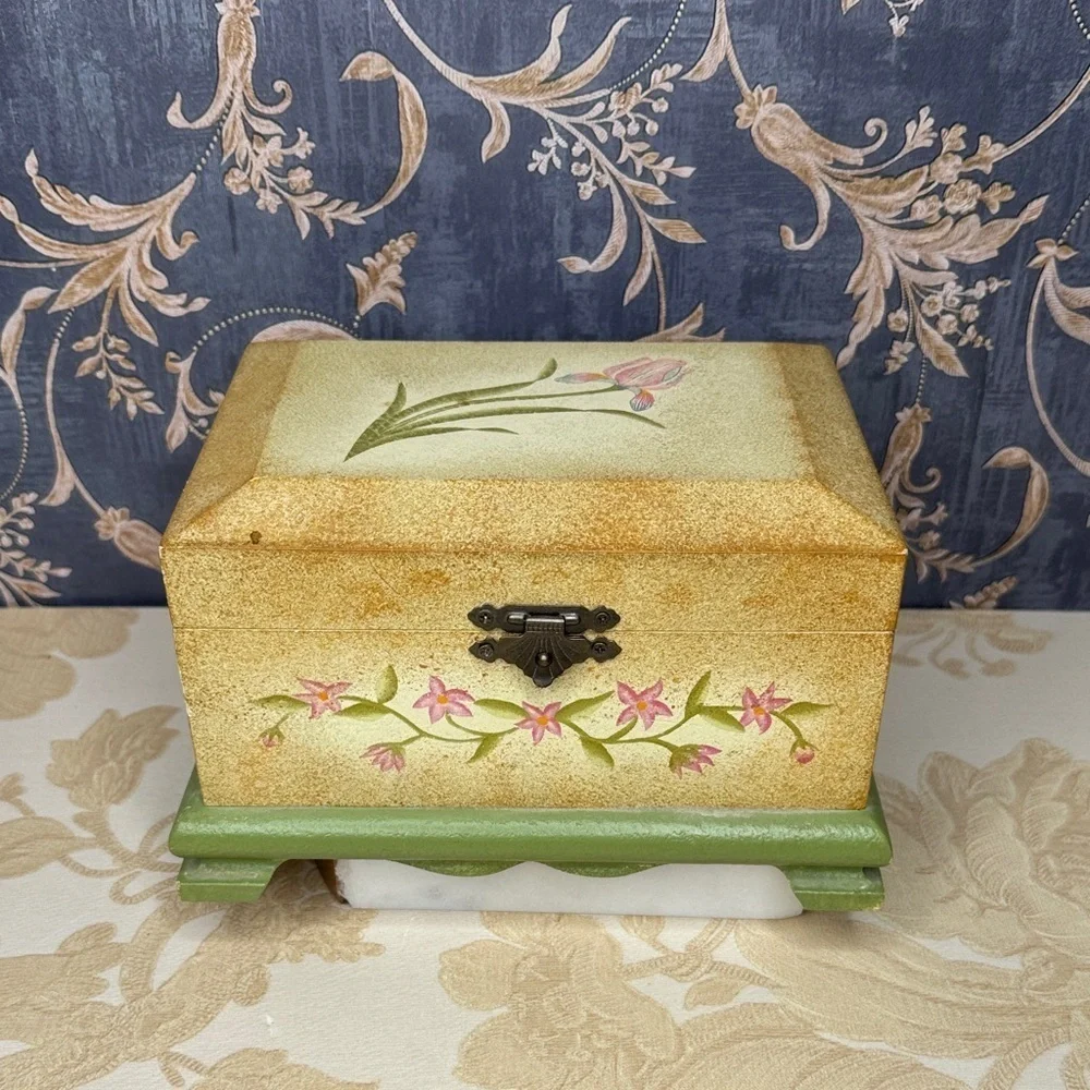Vintage Painted Wood Jewelry Box Trinket Box Chest with Pale Pink Flowers